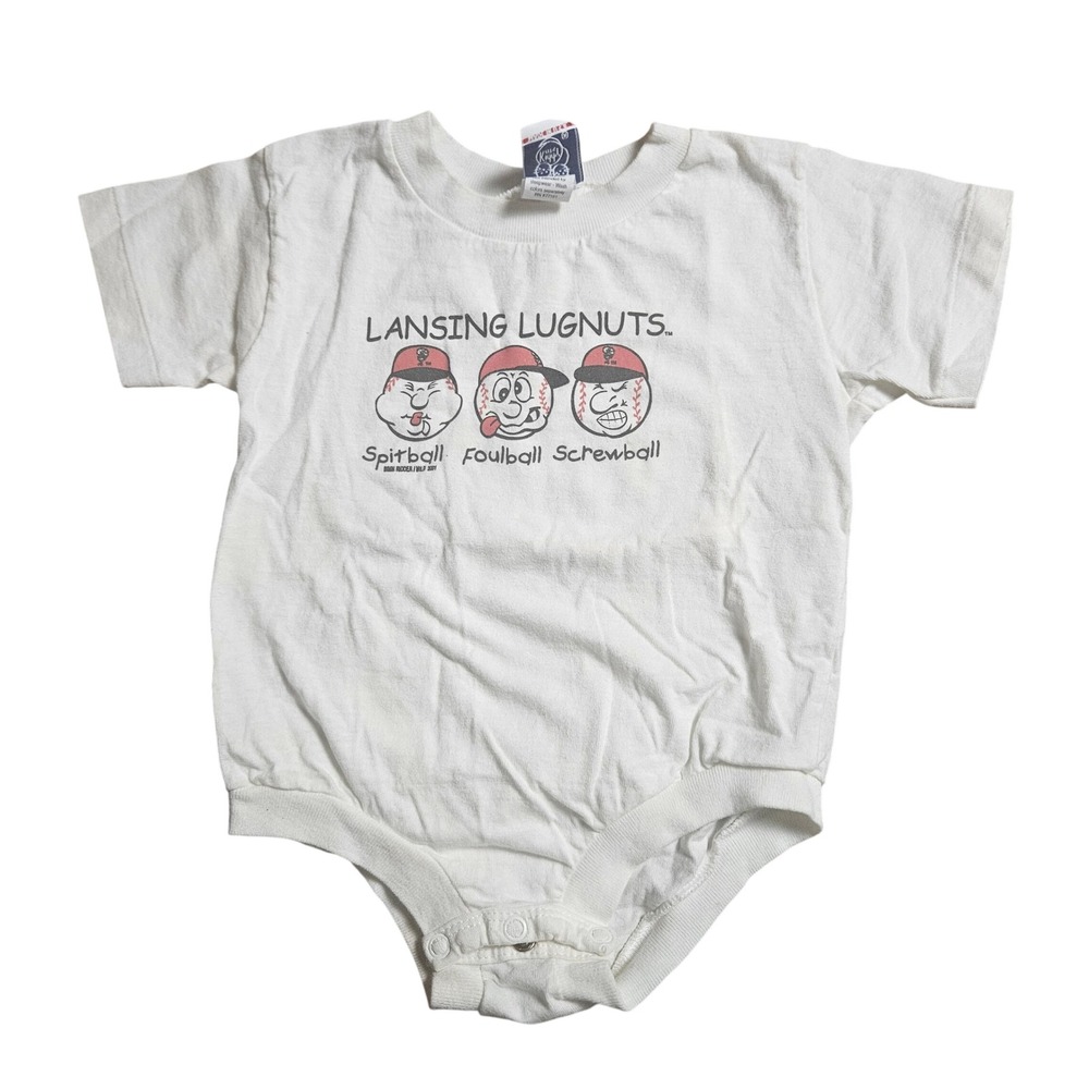 Vintage Kiddy Kats Lansing Lugnuts MiLB Baseball Bodysuit 24M White Made in USA